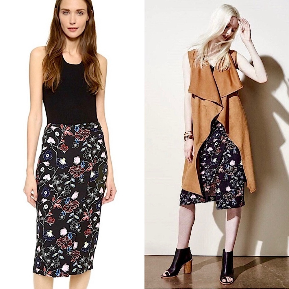 ALC Silk Crepe Wildflower Print Back Belted High Waist Wrap Front Pencil Skirt 2